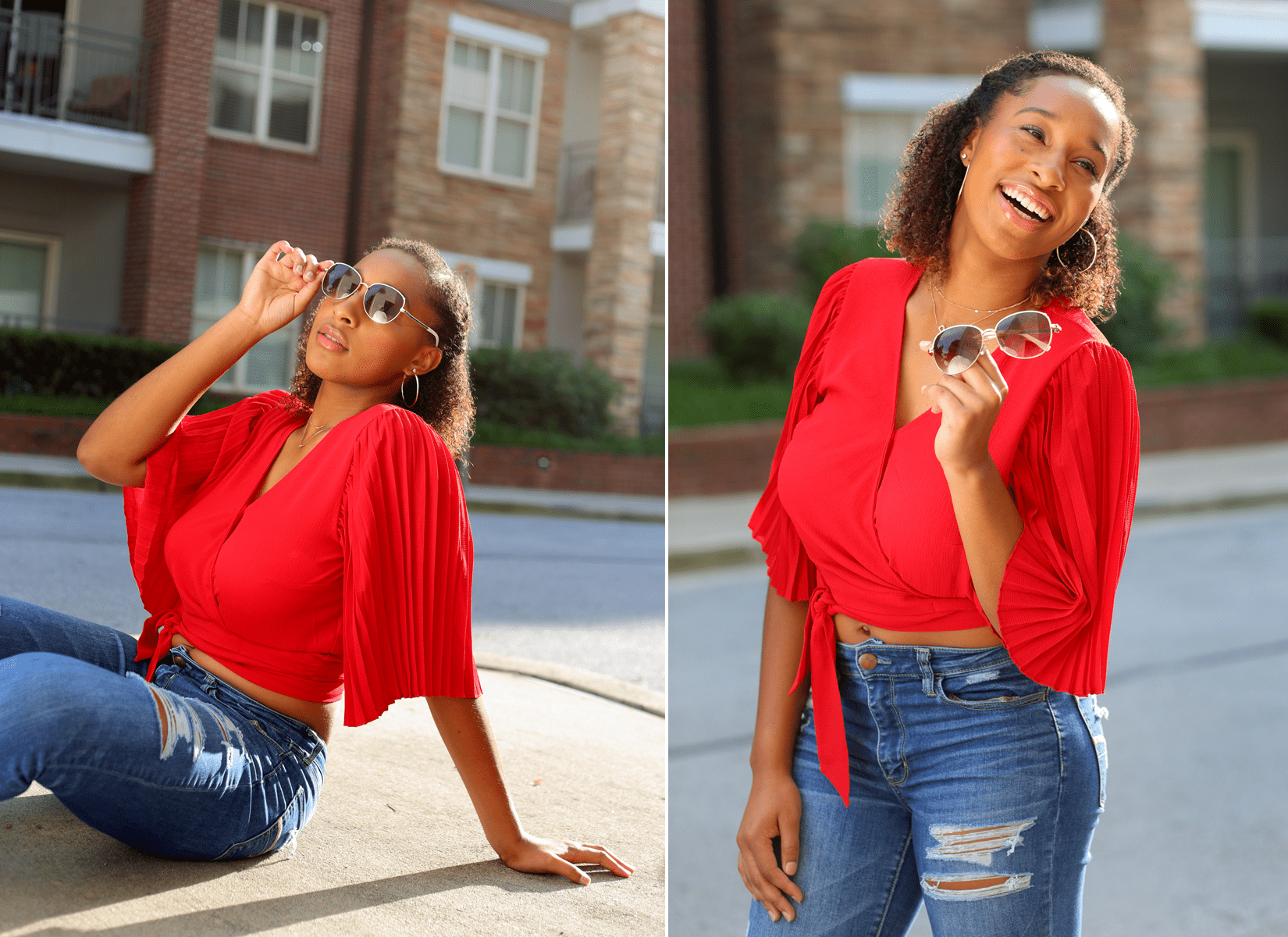 lawrenceville senior photos girl in red with sunglasses