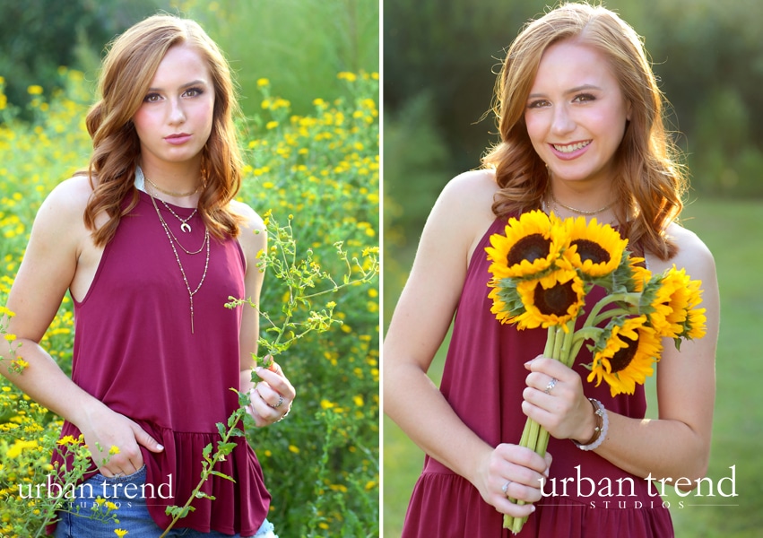 snellville senior photos at alexander park with sunflowers